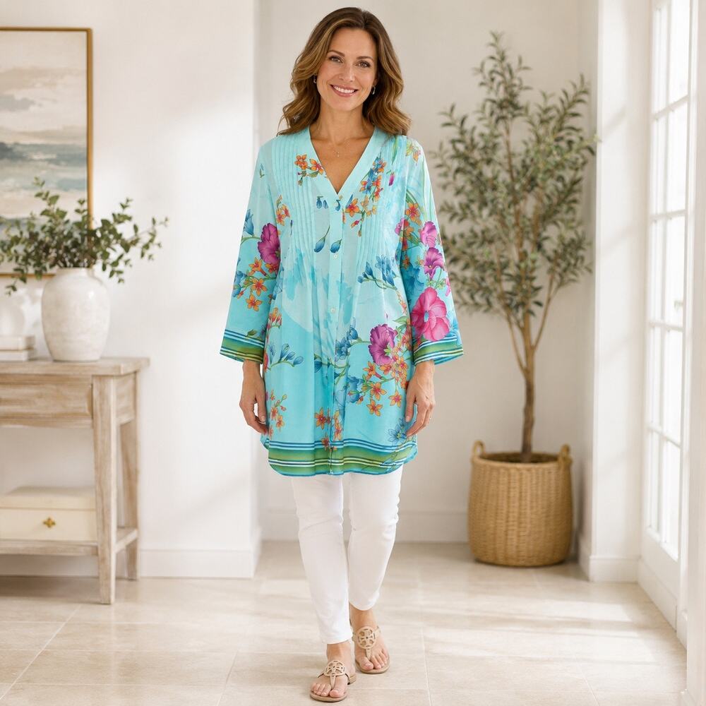 Soft Surroundings Medium Floral Tunic Blouse Blue 100% Cotton Longline Boho